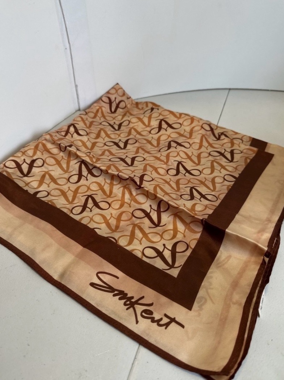 26 by 26 beige and gold Smkent acrylic vintage scarf made in Japan.